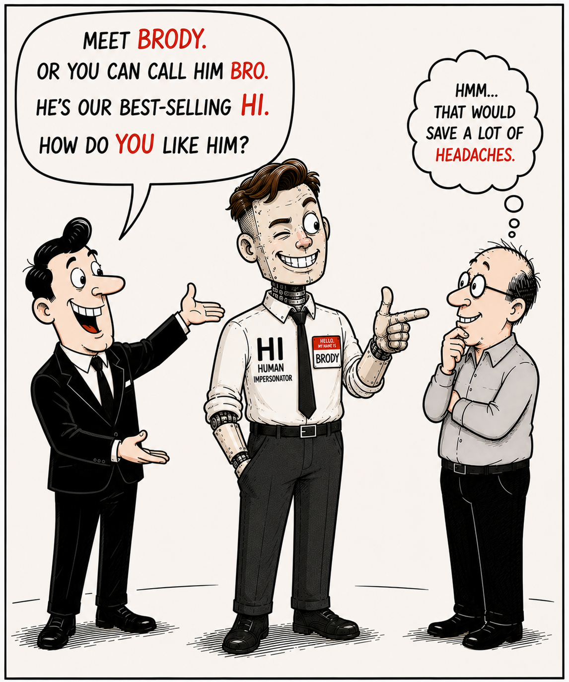 Brody, HAC's mechanical human impersonator, offers counterfeit solutions to a business owner whose customers and employees have drifted away.