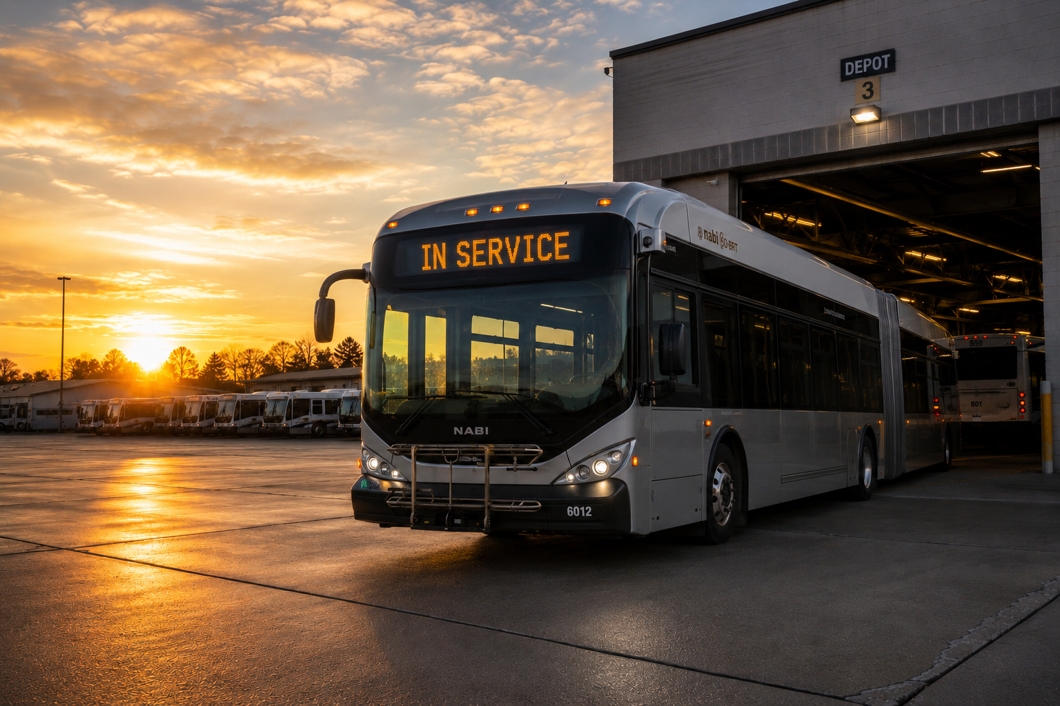 NABI BRT bus leaving depot at sunrise