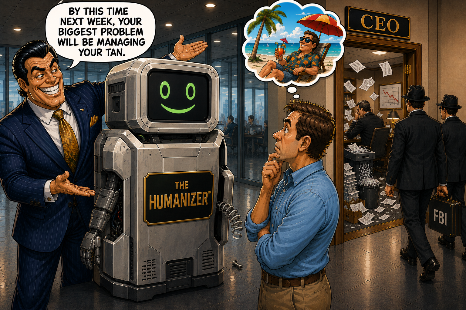 A salesman pitches The Humanizer to a business owner, promising effortless success while chaos unfolds in the background.