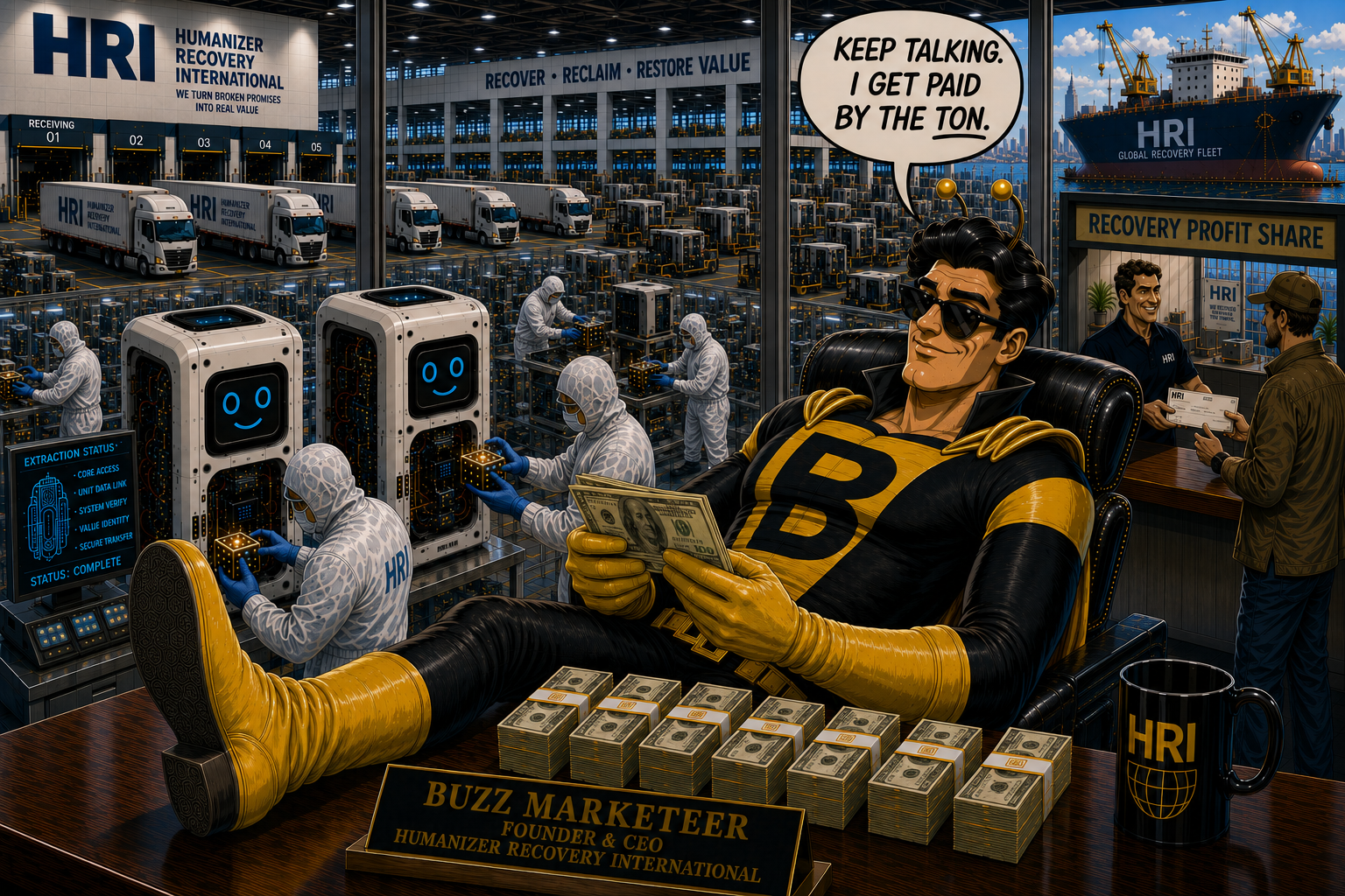 Buzz Marketeer oversees Humanizer Recovery International, an enormous operation recovering value from failed Humanizers and broken promises.